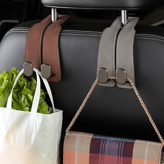 2026 New Car Seat Headrest Hooks for Purses and Bags - Support Car Headrest Hooks for Purses and Bags Coat, Leather Car Bag Purse Holder with Double Hooks (Gray-2PC)