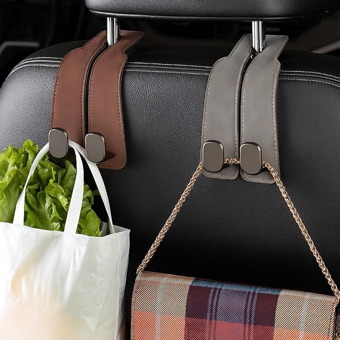 2026 New Car Seat Headrest Hooks for Purses and Bags - Support Car Headrest Hooks for Purses and Bags Coat, Leather Car Bag Purse Holder with Double Hooks (Black-2PC)