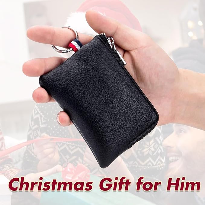 Leather Coin Purse, Change Purse for Men Women (Black, large) | Mini Coin Pouch with Zipper & 2 Keyrings, Water-resistant Genuine Leather Wallet for Pocket, Daily,Gifts