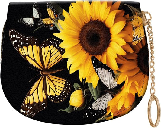 Women's Slim RFID Wallet – Compact Leather Card Holder Wallet for Women, 9 Card Slots RFID Blocking Credit Card Organizer, Small Travel Wallet - Sunflower Butterfly