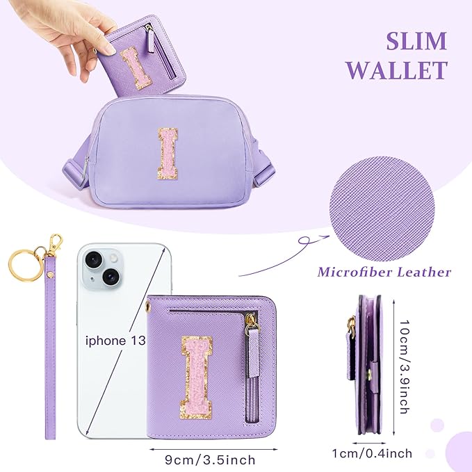 COSHAYSOO Preppy Wallet Gifts for Teen Girls Women Small Wallet RFID Bifold PU Leather Christmas Valentines Easter Mothers Fathers Day Nurse Appreciation Graduation Gifts Chenille Letter I Purple