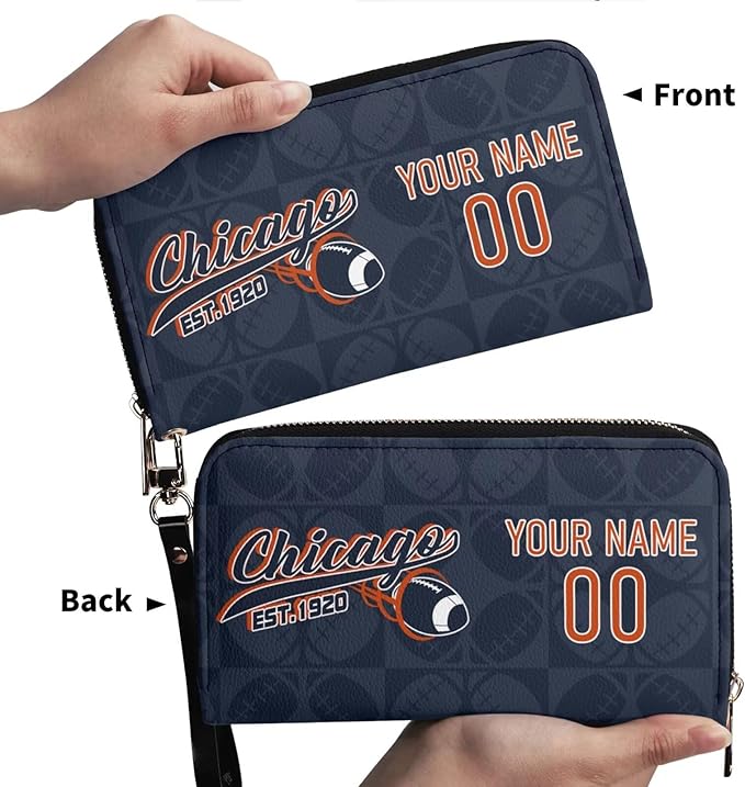 Custom Sports Team Zip Organizer Wallet-Personalized PU Leather Wallet with Name Number,Multi-Card Slots,Wrist Strap,Fan Gift for Men Women.