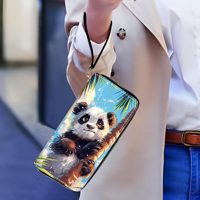 Women's Large Capacity Wallet PU Leather Zip Around Clutch Purse Multifunctional Wallet with Removable Wristlet Strap for Smart Phone/Coin/Card/Cash, Watercolor Art Panda