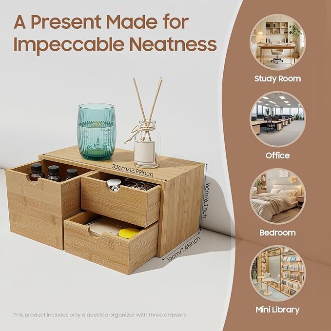 Bamboo Desk Organizer 3 Drawers Tabletop Storage Organization Box, No Assembly Needed for Home Office Storage, 12.99 * 7.48 * 6.3in (1 left & 2 right)
