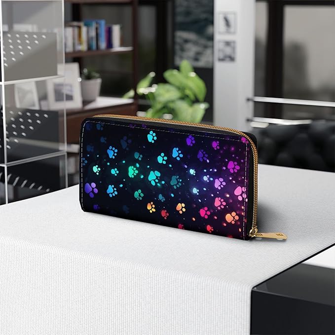 Womens Wallet,RFID Blocking Large Capacity Clutch,Zip Around Leather Purse with 8 Card Slots,Bill Compartments Coin Pocket - Colorful Dog Paw Prints