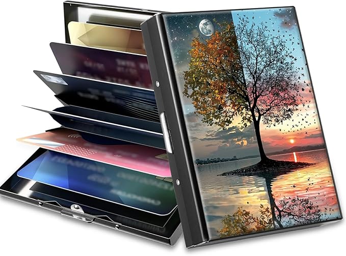 Slim Credit Card Holder, Day and Night Art Tree RFID Blocking Metal Wallet for Men & Women, Aluminum Minimalist Hard Case Pocket-Sized Business Cards Organizer (Fits Up to 10 Cards)