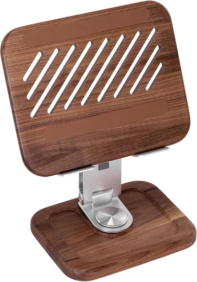 Walnut-Wooden Laptop Stand for Desk, Adjustable Height & Angle with 360° Aluminum Alloy Swivel Base, Wood Laptop Stand Compatible with MacBook Pro, All Laptops 10-17", Brown
