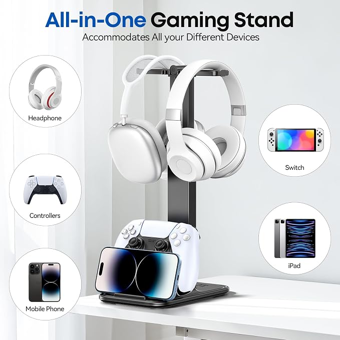 Height Adjustable Dual Headphone Stand, 360° Rotatable Gaming Headset Holder with Controller & Phone Stand, All-in-One Desk Organizer for PS5/Xbox/Switch Controllers/iPad, Desktop Game Accessories