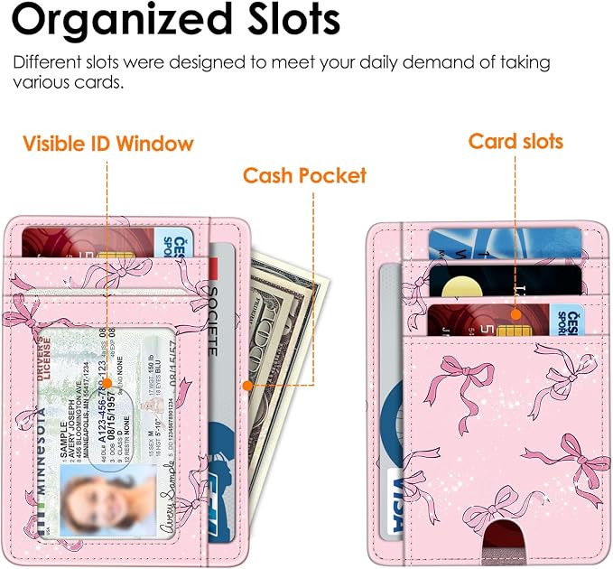 FINTIE Slim Minimalist Front Pocket Wallet, RFID Blocking Credit Card Holder Card Cases with ID Window for Men Women (Pink Bow)