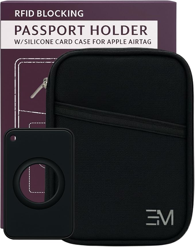 EM RFID Passport Holder with Zipper, Travel Wallet, AirTag Card Case, Black | Ideal for 1 passport, cards, cash, ID and boarding pass. Measures 4.7 L x 0.8 D x 6.1 H in with discreet AirTag card pocket