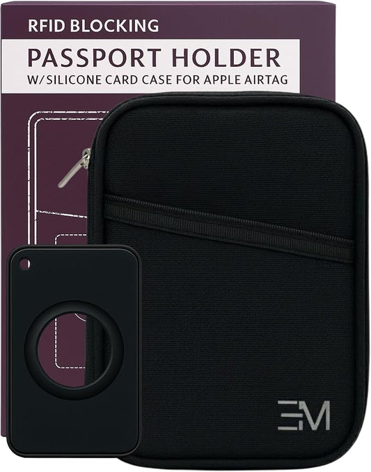EM RFID Passport Holder with Zipper, Travel Wallet, AirTag Card Case, Black | Ideal for 1 passport, cards, cash, ID and boarding pass. Measures 4.7 L x 0.8 D x 6.1 H in with discreet AirTag card pocket