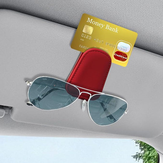 Sunglass Holder for Car, Sunglasses Clip for Car Visor, Magnetic Leather Vehicle Eyeglass Hanger Clip, Auto Ticket Card Glasses Organizer Clamp Accessories for SUV Sedan (Red)