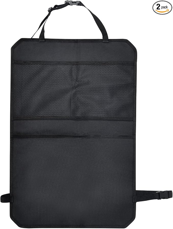 Back Seat Cover for Kids – 2 Mesh Pockets + 1 X-Large Storage Organizer, Waterproof Car Seat Back Protector for Vehicles, Protects Upholstery from Dirt, Mud & Scratches, Black (2)