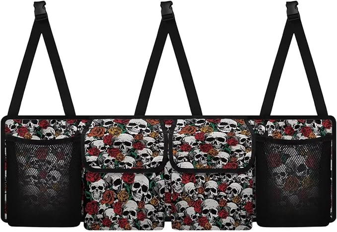 Skull Rose Car Trunk Organizer, Backseat Hanging Large Storage with 4 Pocket & 3 Adjustable Straps Provides More Space for Groceries for SUV, Truck, MPV,Van