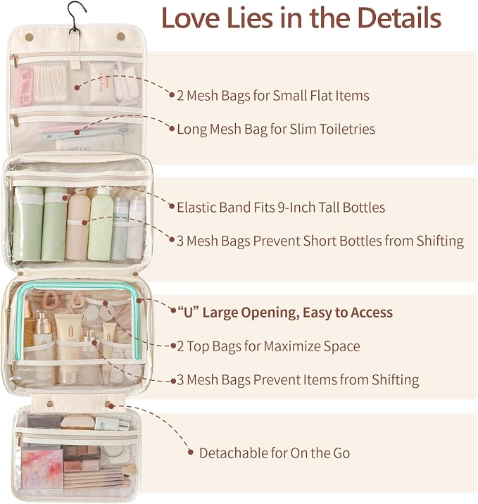 PACKISM Hanging Travel Toiletry Bag - Organizer for Women, Large Off White | Wide Open Access, Hanging Hook, Detachable Pouch, Large Compartments, Waterproof Surface, Cruise Bathroom Travel Storage