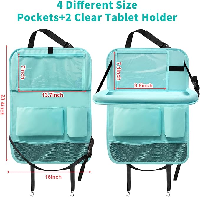 Backseat Car Organizer with Tablet Holder, 6 Storage Pockets Car Storage Organizer with Foldable Food Tray, Kick Mats Travel Accessories, 2 Pack BLue