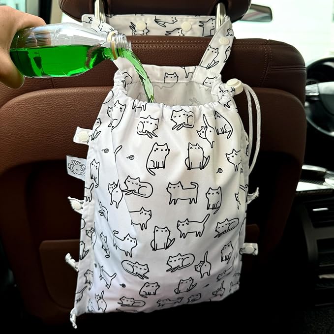 FLOCK THREE Leak-Proof Waterproof Car Trash Bag Foldable Multipurpose Trash bin Container Storage Cute Grocery Organizer Bag for Automotive Front or Back Seat in Cars SUVs and Trucks (White cats)