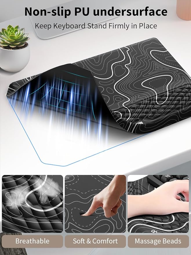 3-in-1 Ergonomic Keyboard Stand with Wrist Rest & Mouse Pad Set, Comfy Keyboard Riser Holder Soft Mousepad with Massage Design, Memory Foam and Non-Slip PU Base for Pain Relief, Topographic