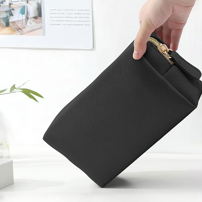 Leather Makeup Bag for Purse Travel, Portable Small Cosmetic Organizer for Women and Girls, Make up Bag with Zipper