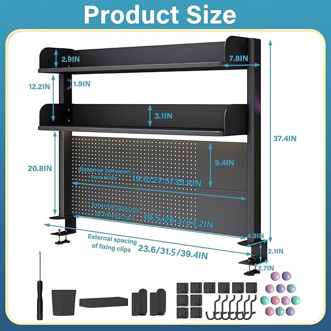 Clamp On Desk Organizer Shelf, Desk Pegboard, Computer Desk Accessories for Office, Privacy Panel for Gaming Desk, Clamp-on Desktop Shelving System,Black (23.6in)
