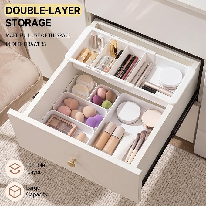 27 Pcs Deep Drawer Organizer Bulk, 2 Expandable Hanging Trays with Plastic Drawer Dividers Organizers, Desk Drawers Organizer Trays for Makeup Kitchen, Bathroom, Office, Bedroom, White