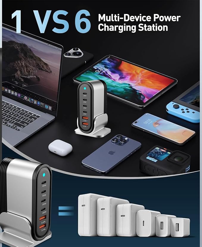 USB C Fast Charger : 6 Port Desktop Multiple Devices Power Adapter for Laptop MacBook Pro/Air, DELL, Tablet iPad Pro/Air, iPhone 16/15/14, Galaxy S23/22