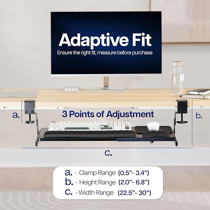 VIVO Large Height and Width Adjustable Under Desk Keyboard Tray, C-clamp Mount System, 22.5” to 30” (28.5” to 36” Including Clamps) x 11 inch Slide-Out Platform for Typing, Black, Mount-KBST1