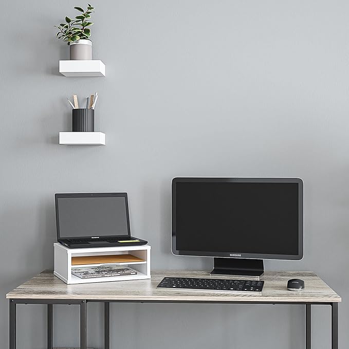 Ballucci File Organizer, 2-Tier Document Paper Sorter, Stackable Wood Desk Organizer Mail Holder, Monitor Stand with Storage Shelves, White