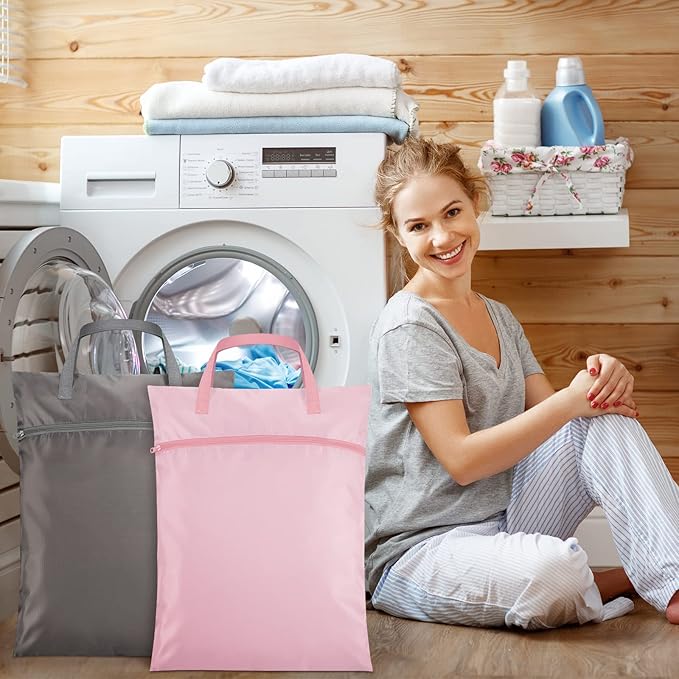2 Pcs Travel Laundry Bags Waterproof with Handle Dirty Clothes Bag for Traveling Hanging Laundry Hamper with Two Zippered Pockets Washable Reusable for Sports Home Travel College Dorm (Pink, Gray)