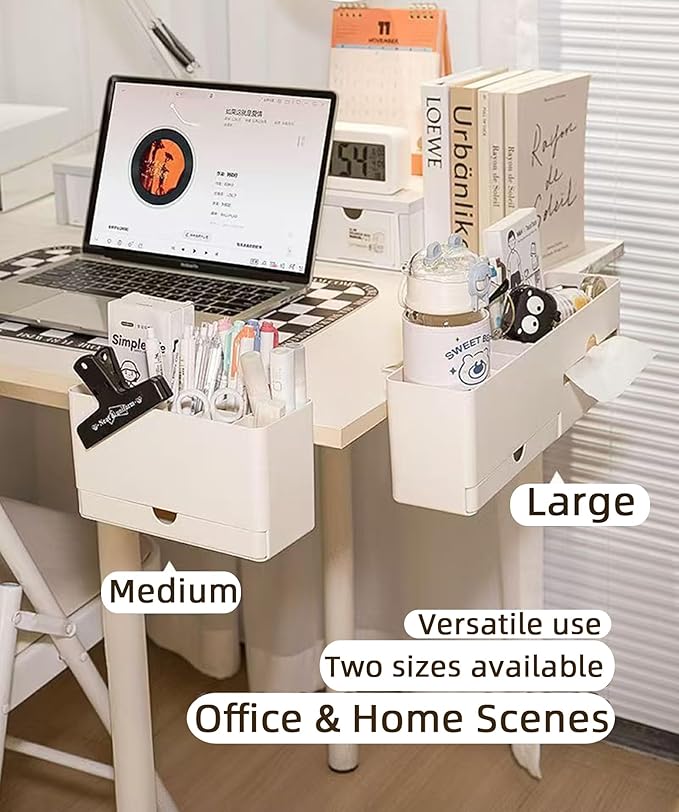 Desk Side Storage Organizer, Desk Cup Holder, No Drill Pen/Pencil/Phone Holder with Hanging Under Table, Clamp On Desktop Side, Stationery Organization Accessories for Home Office(L-size)
