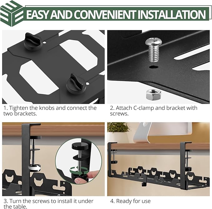 EYPINS Under Desk Cable Management Tray - No Drill Retractable 16-29inch Underdesk Cable Rack 22PCS, Computer Cord Organizer Under Desk, Sturdy Carbon Steel Wire Storage Tray for Home Office