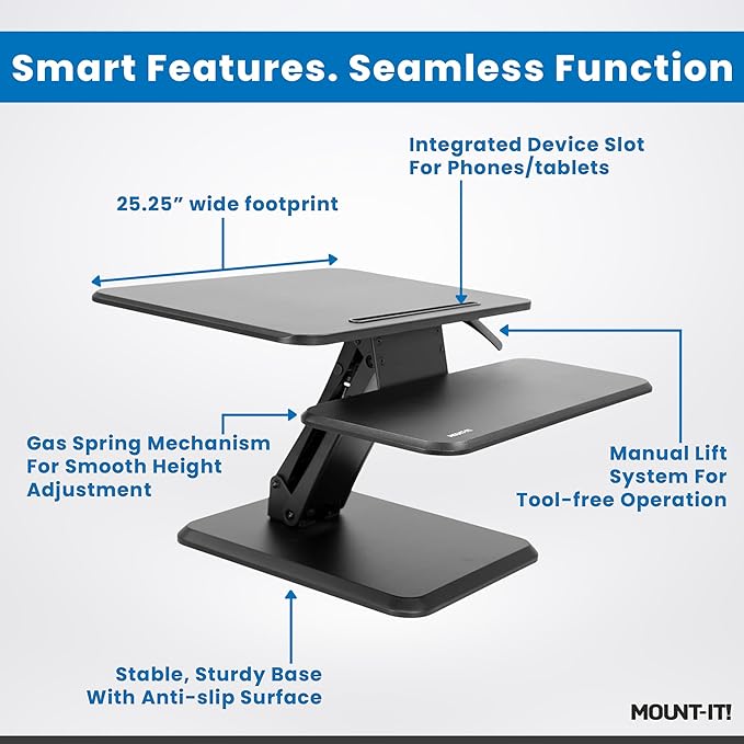 Mount-It! Standing Desk Converter, Compact 25" Sit Stand Desk Riser with Gas Spring Lift, Adjustable Height Desktop Riser for Laptop, Monitor, and Keyboard, Small Home Office Desk Converter