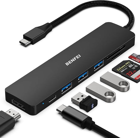 BENFEI 7-in-1 USB C Hub, USB-C Multiport Adapter with USB Type-C to HDMI, USB-C to SD TF Card Reader/3 USB 3.0/60W Power Delivery with iPhone 15 Pro/Max MacBook Pro/Air 2023, iPad