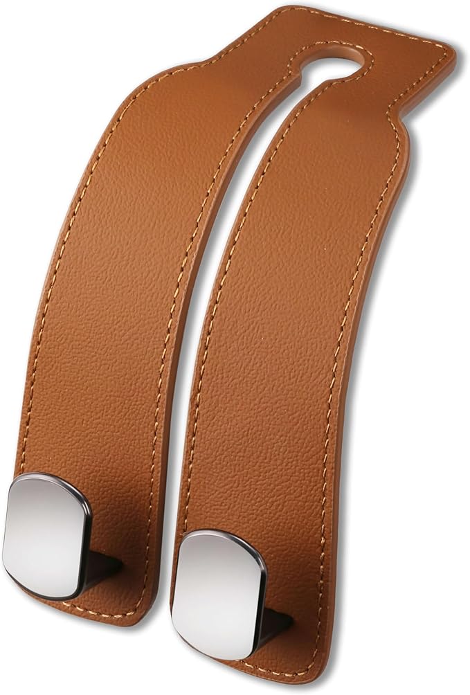 Jayanes Genuine Leather Car Purse Hook - Flexible Car Seat Back Storage Hook for Purses and Bags, Universal Headrest Hooks for Car, Upgraded Car Purse Holder Hanger for Head Rest (Brown-1 Pack)
