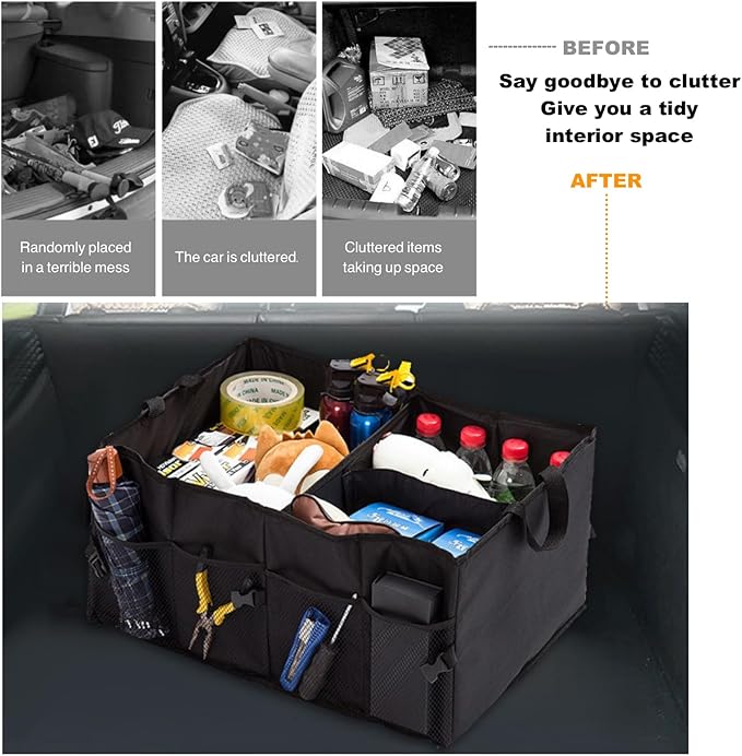 Trunk Organizer, Storage Box - 52L Large Capacity Collapsible Multi Compartments Organizer, Portable Storage Box for Most Cars/SUV, Waterproof Oxford Fabric, Black