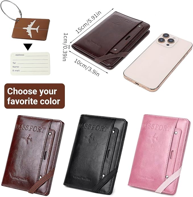 Passport Holder for Travel ，with 2 Luggage Tags,RFID blocking Passport Cover Wallet for Women Men, Waterproof PU Leather passport Book Card Holder Case Organizer Travel Essentials (Pink)