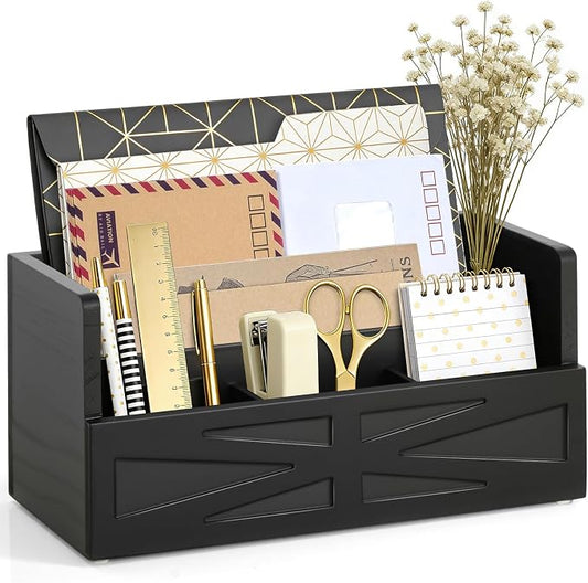 Mail Organizer Countertop, Wood Mail Holder Sorter for Desk, Rustic Bill Storage Organizer Box, Office Letter Basket for Document File Folder Paper Envelope (Black)