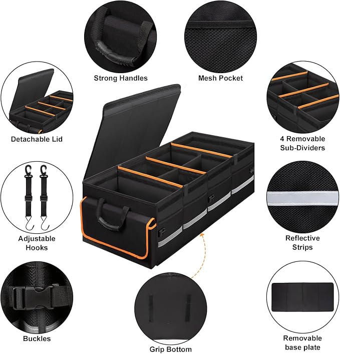 GDNasist Car Trunk Organizer and Storage with Lid & Removable Cooler Bag, Car Accessories 4 Removable Dividers for Custom Space, Collapsible Trunk Organizers Interior for SUV & Sedan, Extra Large