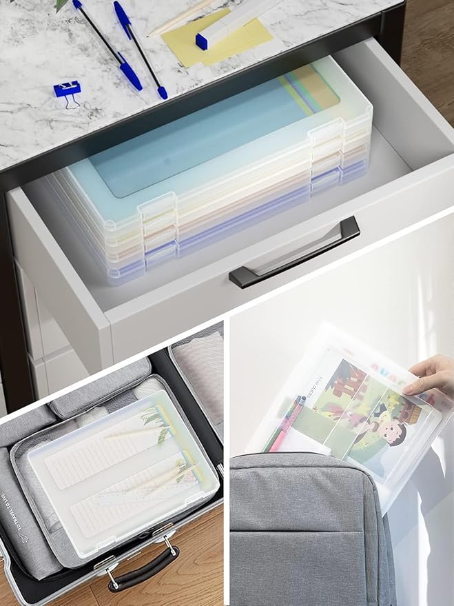 4-Pack A4 Plastic Paper Organizer Box, Scrapbook Storage for 8.5” x 11” Letter Papers, Portable Document Holder, Photo Storage Box Sticker Art Supplies Organizers, 12.2” x 8.9” x 0.7” Inner Size