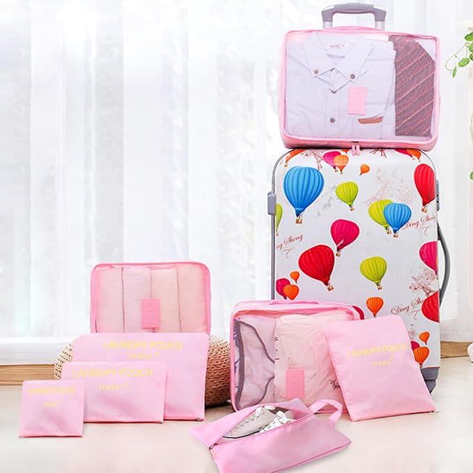 8 Set Packing Cubes for Travel Luggage Packing Bags Reusable Waterproof Suitcase Organizer Cubes Set with Shoe Bag and Toiletry Bag (Pink)