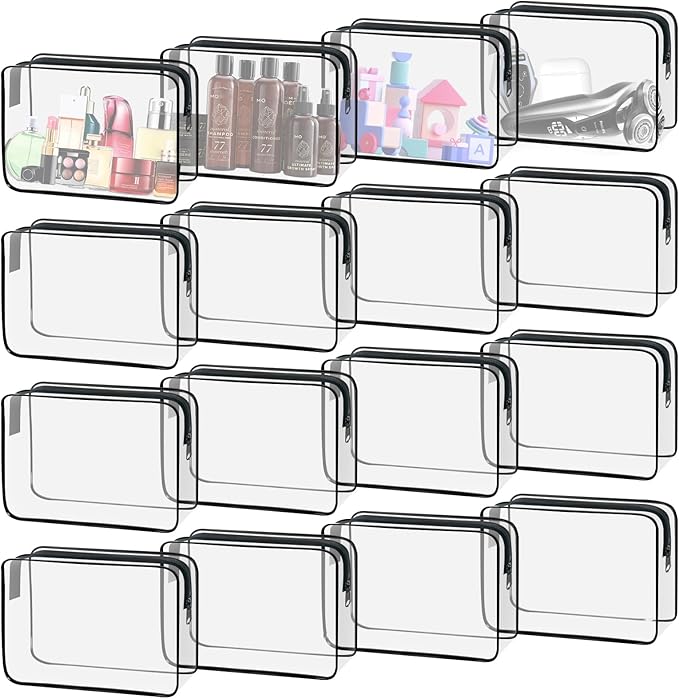 YedsIntu 16 Pack Waterproof Cosmetic Bag TSA Approved Toiletry Bag, Portable Travel Pouch with Zipper, Vinyl Plastic Organizer Storage for Men and Women (Black-L)