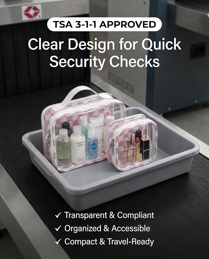 Pink Checkered Diaper Bag Organizer Pouch Set,TSA Approved Toiletry Bag,Clear Waterproof TPU Car Makeup Bag Set Travel Organizer Bags for Women and Kids Toiletry Bag Set for Baby and Mom Essentials