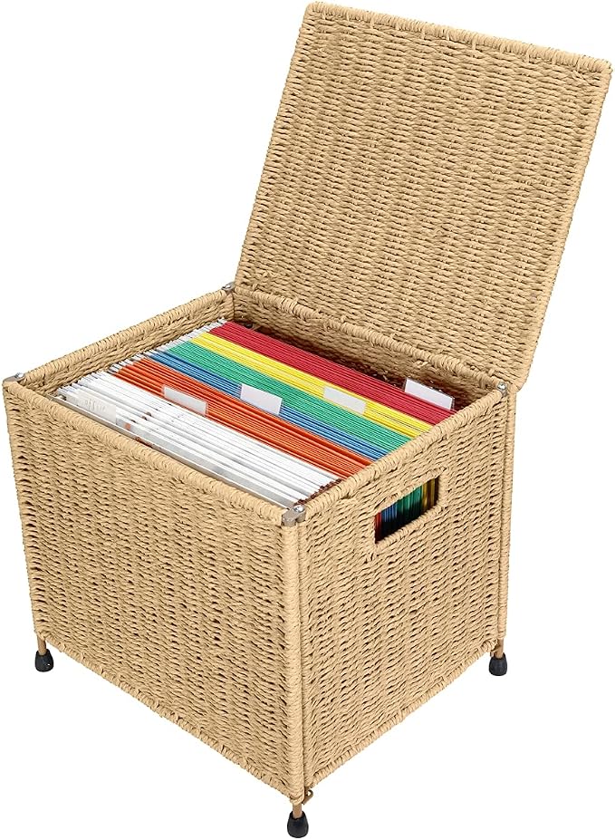 URFORESTIC Seagrass File Filing Cabinet File Box Organizer | Collapsible Letter Size Hanging File Box Organizers with Lid | Decorative Seagrass Filing & Storage Office Box | Letter Size (Natural)