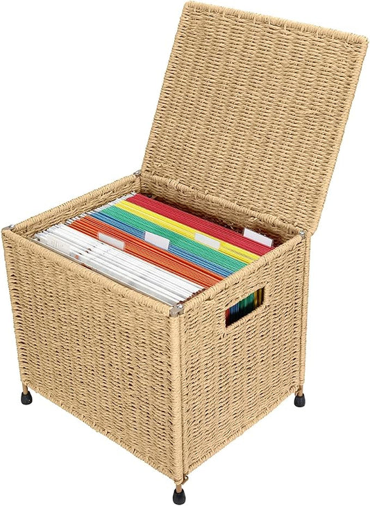 URFORESTIC Seagrass File Filing Cabinet File Box Organizer | Collapsible Letter Size Hanging File Box Organizers with Lid | Decorative Seagrass Filing & Storage Office Box | Letter Size (Natural)
