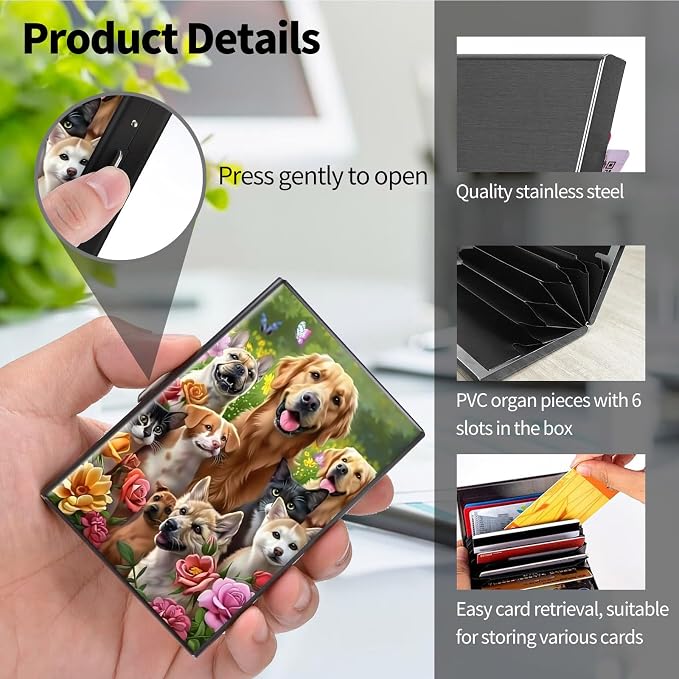 Metal Wallet for Women Men Girls, RFID Blocking Slim Aluminum Credit Card Holder, Mini Travel Wallet with Hard Shell, Lightweight ID & Business Card Case,Dog
