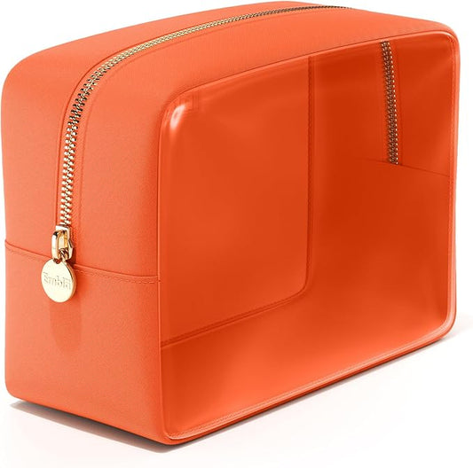 Embla Clear Large Makeup Bag Cute Big Make Up Nylon Pouches Travel Bathroom Bags for Toiletries XL Cosmetic Pouch for Women Girls Extra Large Zipper Toiletry Skincare Organizer Orange