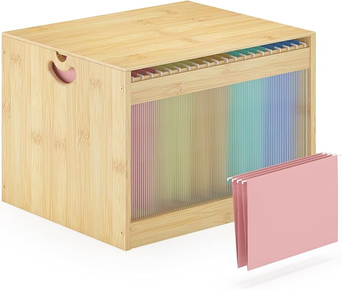 Hanging File Box Organizer for Letter Size, Bamboo Acrylic File Folder Storage with Lid Clear Moving Boxes Wooden with Handle Desktop Wood Filing Holder for Office Nature 1 Pack