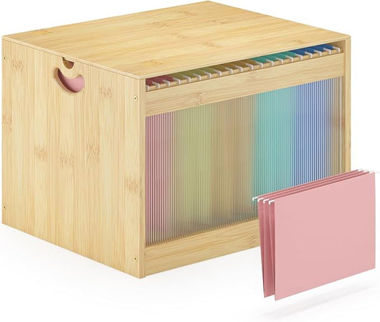 Hanging File Box Organizer for Letter Size, Bamboo Acrylic File Folder Storage with Lid Clear Moving Boxes Wooden with Handle Desktop Wood Filing Holder for Office Nature 1 Pack