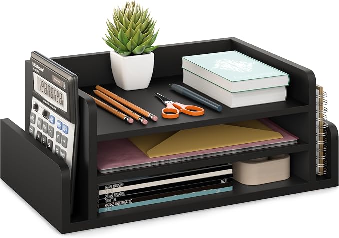 Ballucci 3-Tier Desk Organizer with 2 Side Mail Sorter Slots, Wood Letter Tray, Open Top Paper Organizer, Desktop File Organizer, Black