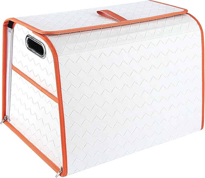 Homeve Trunk Organizer, Waterproof, Collapsible, 2 Compartments Car Organizer, Foldable Storage for Car Accessories, Tools, Women, Men (White+Orange, Standard)
